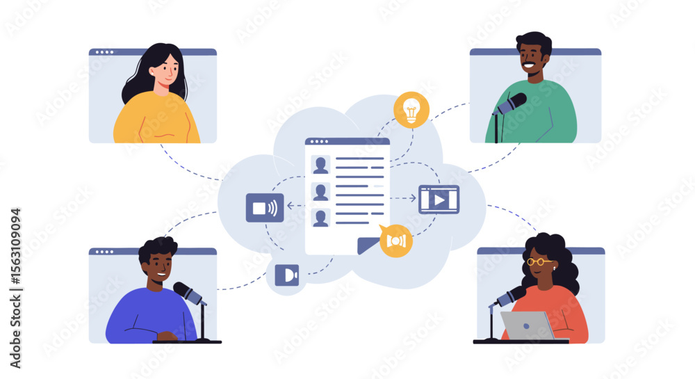 Poster remote podcasting collaboration vector illustration for digital communication and networking design