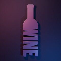 Purple Bottle of wine icon isolated on purple-blue background. Lettering bottle of wine. Minimalism concept. 3D render illustration