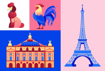 French landmarks and symbols - set of flat design style objects