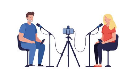Podcast recording session with two hosts and microphones in flat vector illustration style for digital media content design