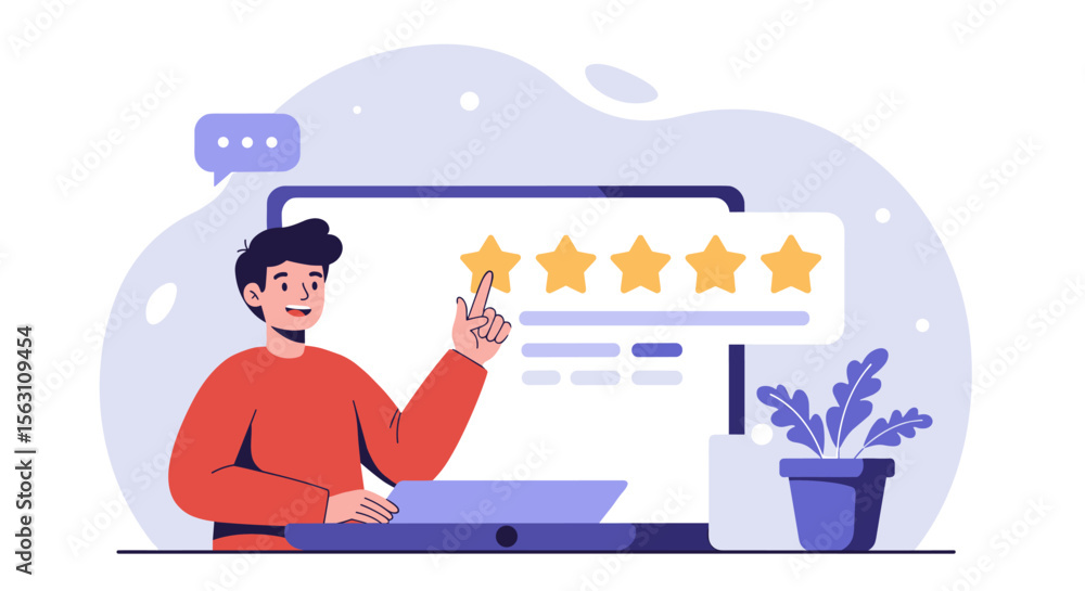 Poster customer feedback concept with five star rating in flat vector illustration for web design