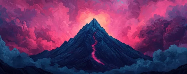Gordijnen Stunning mountain landscape with vibrant pink and purple clouds at sunset. © PRAPHAIPORN
