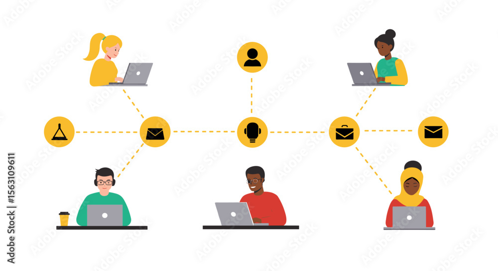 Poster remote collaboration and communication concept with diverse team working on laptops - flat vector il