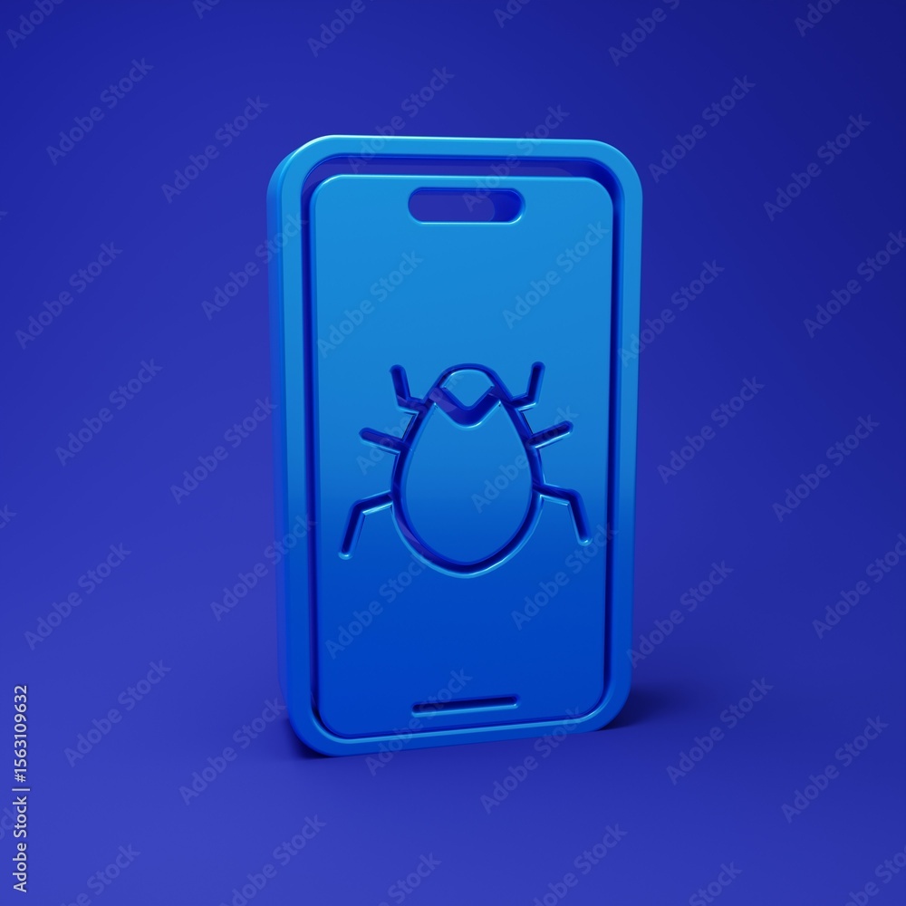 Poster Blue System bug on mobile icon isolated on blue background. Code bug concept. Bug in the system. Bug searching. Minimalism concept. 3D render illustration