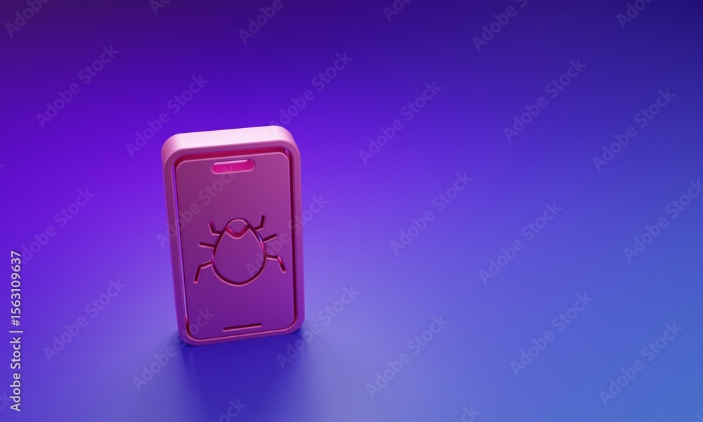 Poster pink system bug on mobile icon isolated on purple-blue background. code bug concept. bug in the syst