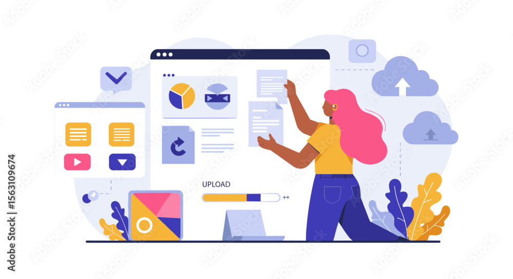 Poster digital content management and cloud storage vector illustration for web and app design
