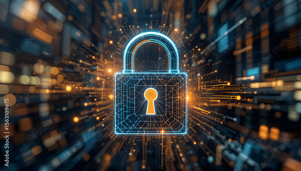 Poster security concept presents a digital padlock in blue and gold, symbolizing protection, data safety an