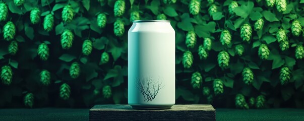 A minimalist beverage can against a vibrant backdrop of hops and greenery.