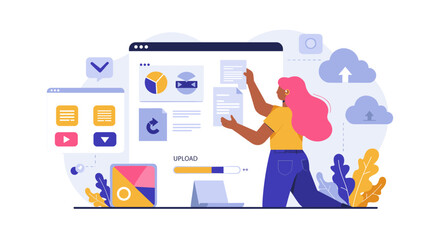 Obraz premium Digital content management and cloud storage vector illustration for web and app design