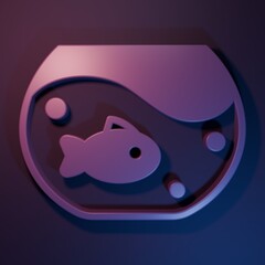 Purple Aquarium with fish icon isolated on purple-blue background. Round glass aquarium. Aquarium for home and pets. Minimalism concept. 3D render illustration