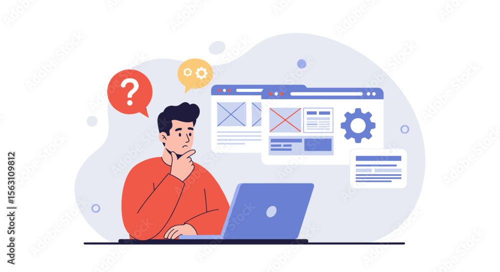 Aufkleber conceptual vector illustration of a man thinking with a laptop for web design and development