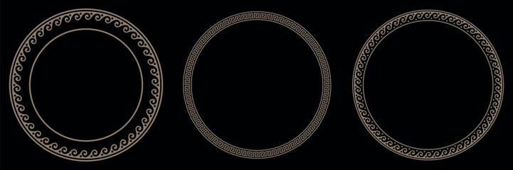Collection of decorative gold round frames for design with Greek key, wave meander. Circle frame. Egyptian, Assyrian, Greek motif circular frame. Template for textiles, engraving, forging, embroidery
