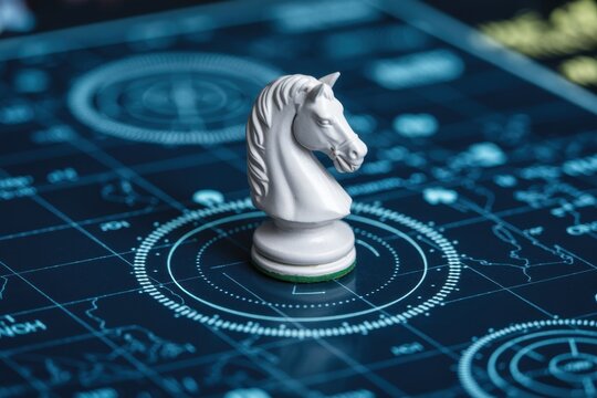 White knight chess piece on a futuristic blue game board, the board features a world map and abstract circles.