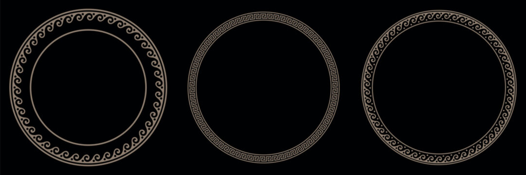 Collection of decorative gold round frames for design with Greek key, wave meander. Circle frame. Egyptian, Assyrian, Greek motif circular frame. Template for textiles, engraving, forging, embroidery