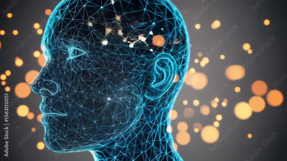 Poster a digital wireframe of a human head represents artificial intelligence with glowing bokeh