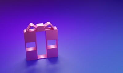 Pink Gift box icon isolated on purple-blue background. Minimalism concept. 3D render illustration