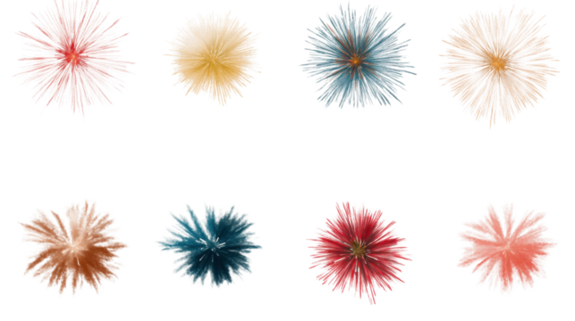 Set of colourful fireworks burst isolated on white background