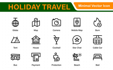 Holiday Travel outline icons set. Travel, hotel, holiday, tourism, beach, plane, map, agent and insurance. Booking, reservation, room, airport, accommodation.