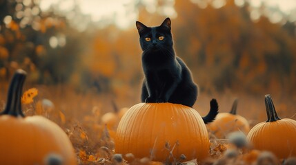 Naklejka premium Mystical Halloween: A sleek black cat perched atop a vibrant orange pumpkin