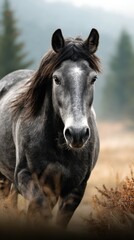 Fototapeta premium Majestic gray horse running through a misty meadow in the early morning light