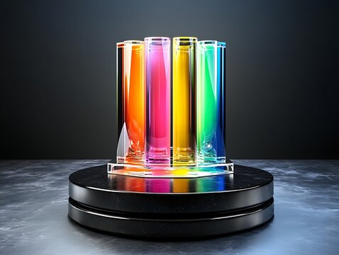 Colorful glass test tubes displayed on a rotating stand modern studio setting high-quality image artistic viewpoint