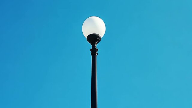 A black metal lamppost with a white globe against a clear cerulean blue sky