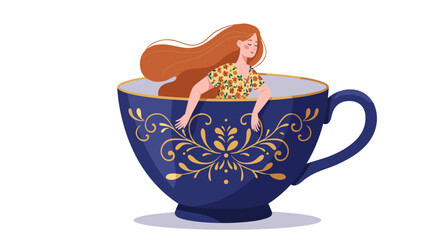 Whimsical woman inside decorative teacup vector illustration - perfect for print design and posters