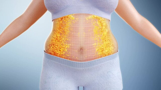 Burn belly fat to lose weight, woman fitness and body shaping by fat cell burning, obese people become slimmer, body management solution, 3D animation.