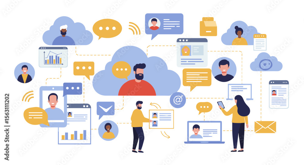 Poster collaborative cloud communication vector illustration for digital networking and teamwork design