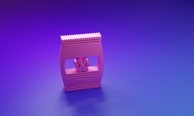 Pink Bag of food for pet icon isolated on purple-blue background. Food for animals. Pet food package. Dog or cat paw print. Minimalism concept. 3D render illustration