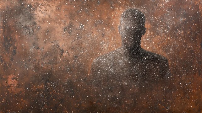 A silhouette of a person emerges from a cosmic backdrop, blending seamlessly into a swirling mix of warm browns, blacks, and sparkling stars, evoking a sense of mystery and wonder.