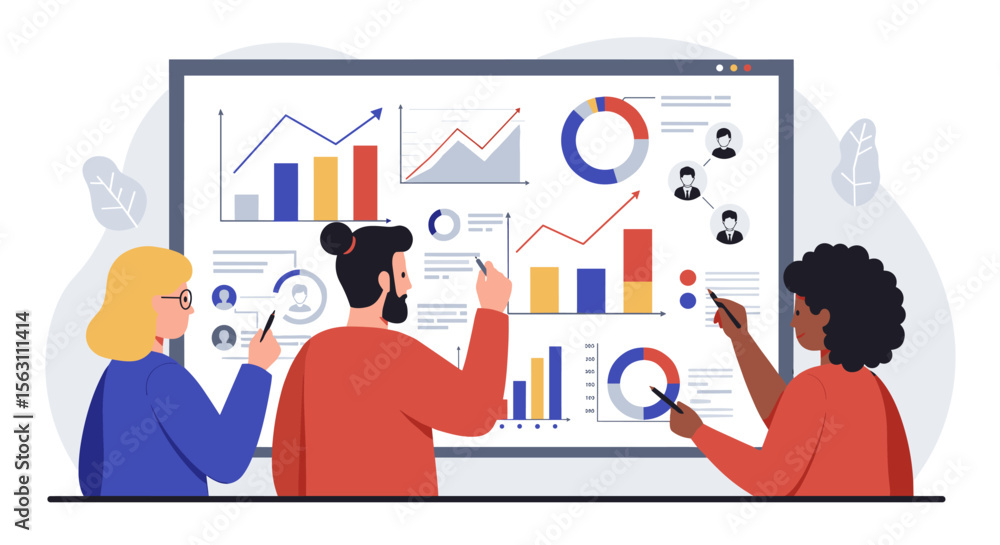 Poster business team analyzing data charts and graphs in flat style vector illustration for presentation de