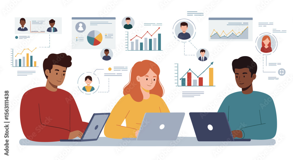 Poster teamwork and data analysis vector illustration for business collaboration and strategy design