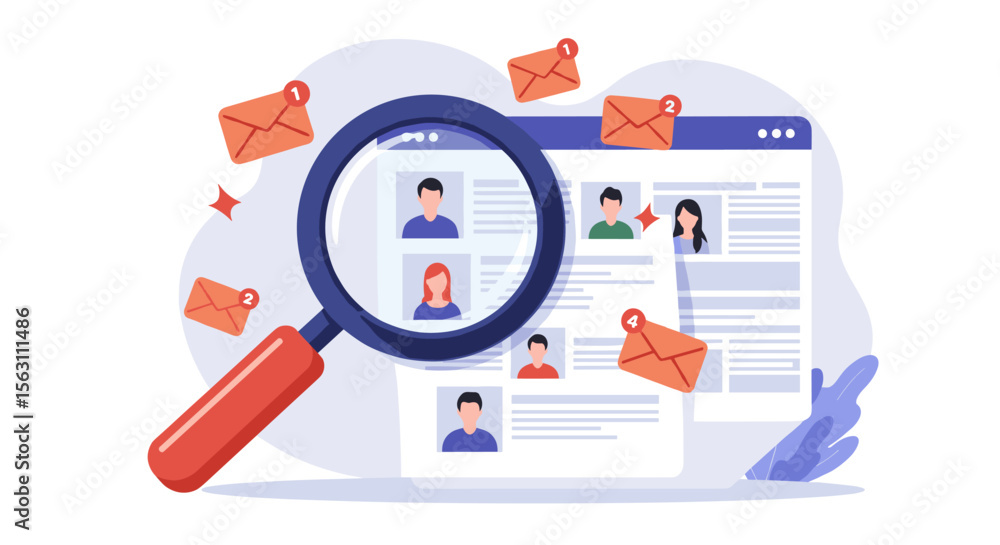 Poster email notification and communication concept with magnifying glass vector illustration for web desig