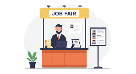 Business professional at job fair booth vector illustration for career development and recruitment design