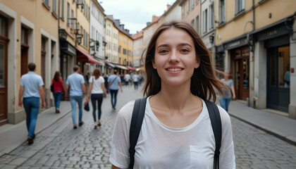 a young woman walking on a european street, looking around.