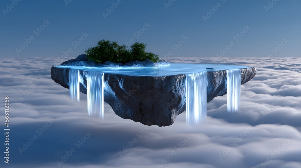 Poster floating island with a cascading waterfall above the clouds