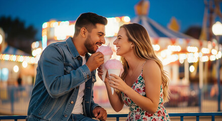 Beautiful stylish couple is making selfie using a smartphone and smiling while cycling in the park