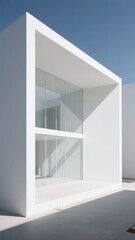 Modern White Structure with Glass Panels and Clear Blue Sky