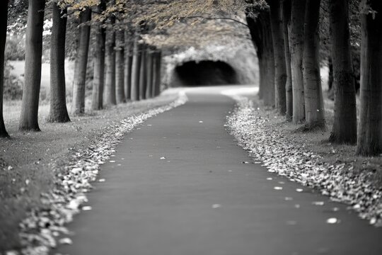 Winding tree lined path with autumn leaves and selective color in a natural outdoor setting a serene journey concept