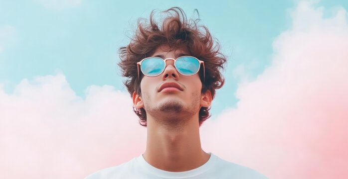 Portrait of a young man with sunglasses looking up against a colorful sky background