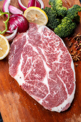 Premium marbled Wagyu beef on a wooden cutting board