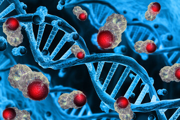 Cancer cells on dna background. 3d illustration