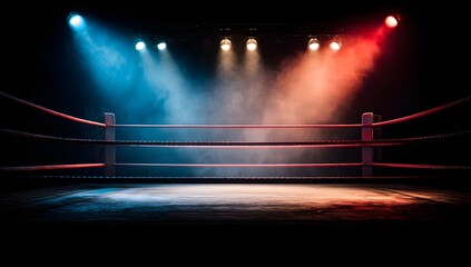 Empty boxing ring under dramatic lighting.