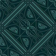 Elegant Tribal Geometric Tile Design with Dark Teal Accents, Perfect for Wallpaper, Fabric Prints, Home Decor, or Digital Backgrounds. A seamless ethnic pattern blending modern symmetry with artistic 