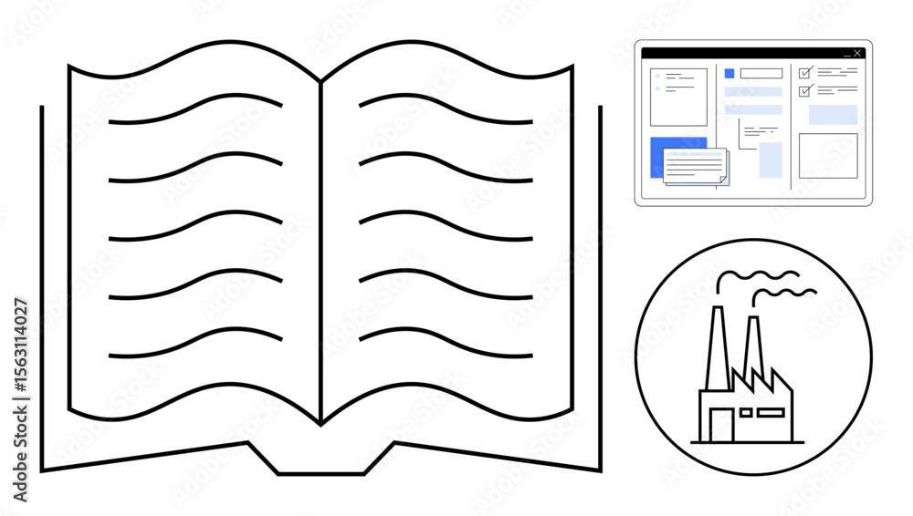 Poster open book symbolizing knowledge, factory building for industry, and website design layout for digita