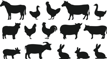 Farm Animal Silhouettes Collection with Barnyard Livestock Vector Set