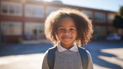 Schoolchild smiling outdoors in front of school