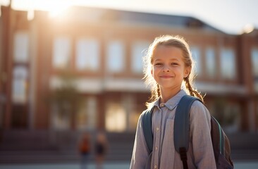 Schoolchild smiling outdoors in front of school