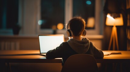 Child learning online with headphones